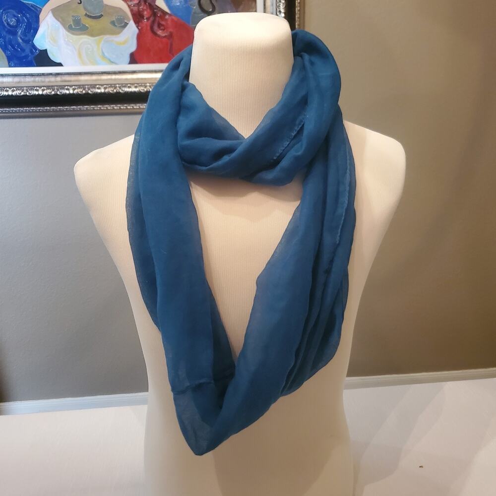 Women Teal Blue Infinity Scarf Lightweight Sheer Soft Draped Loop Wrap Muffler